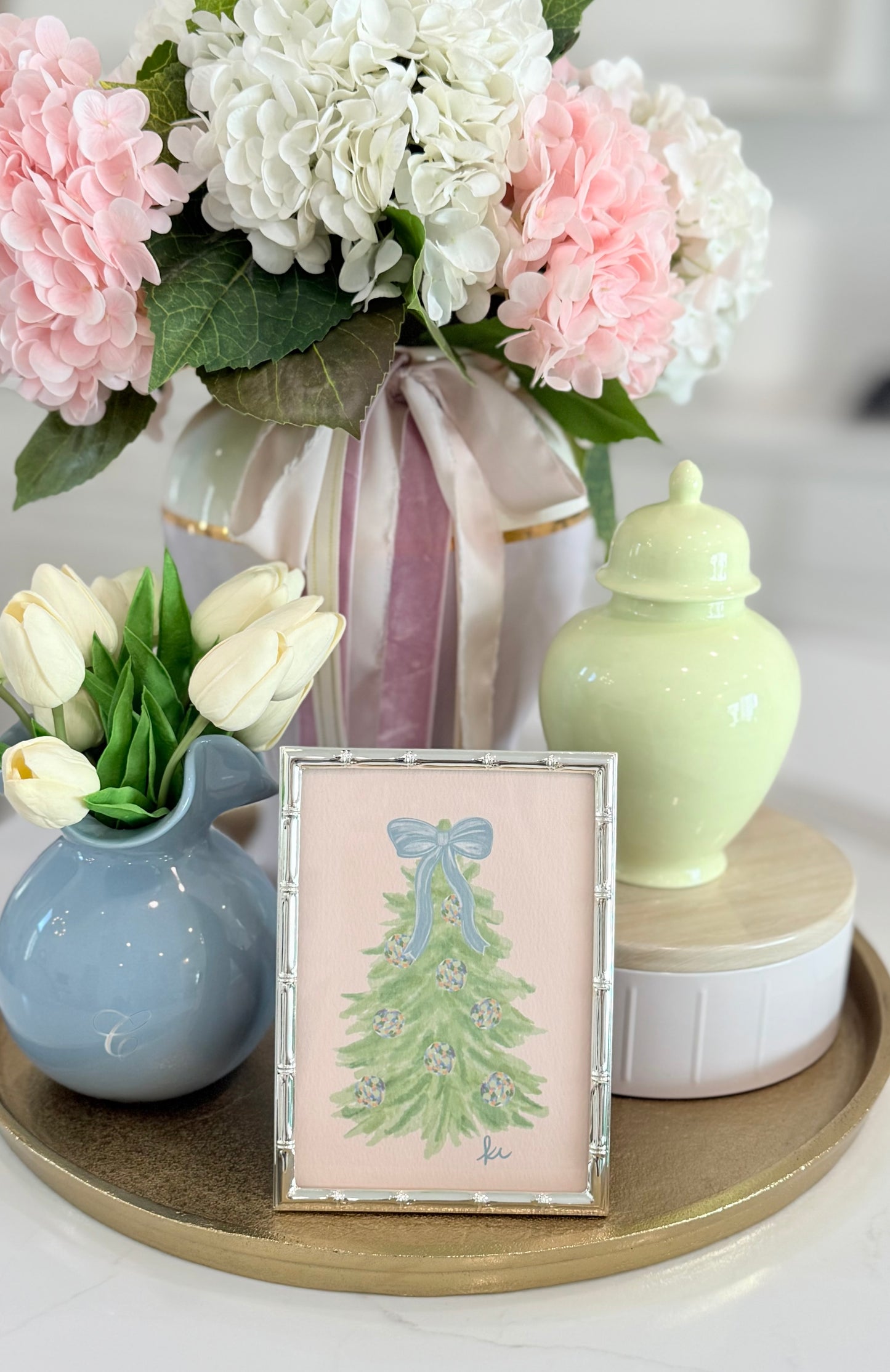 Green Tree with Blue Bow and Pink Background | Print