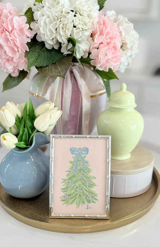 Green Tree with Blue Bow and Pink Background | Print