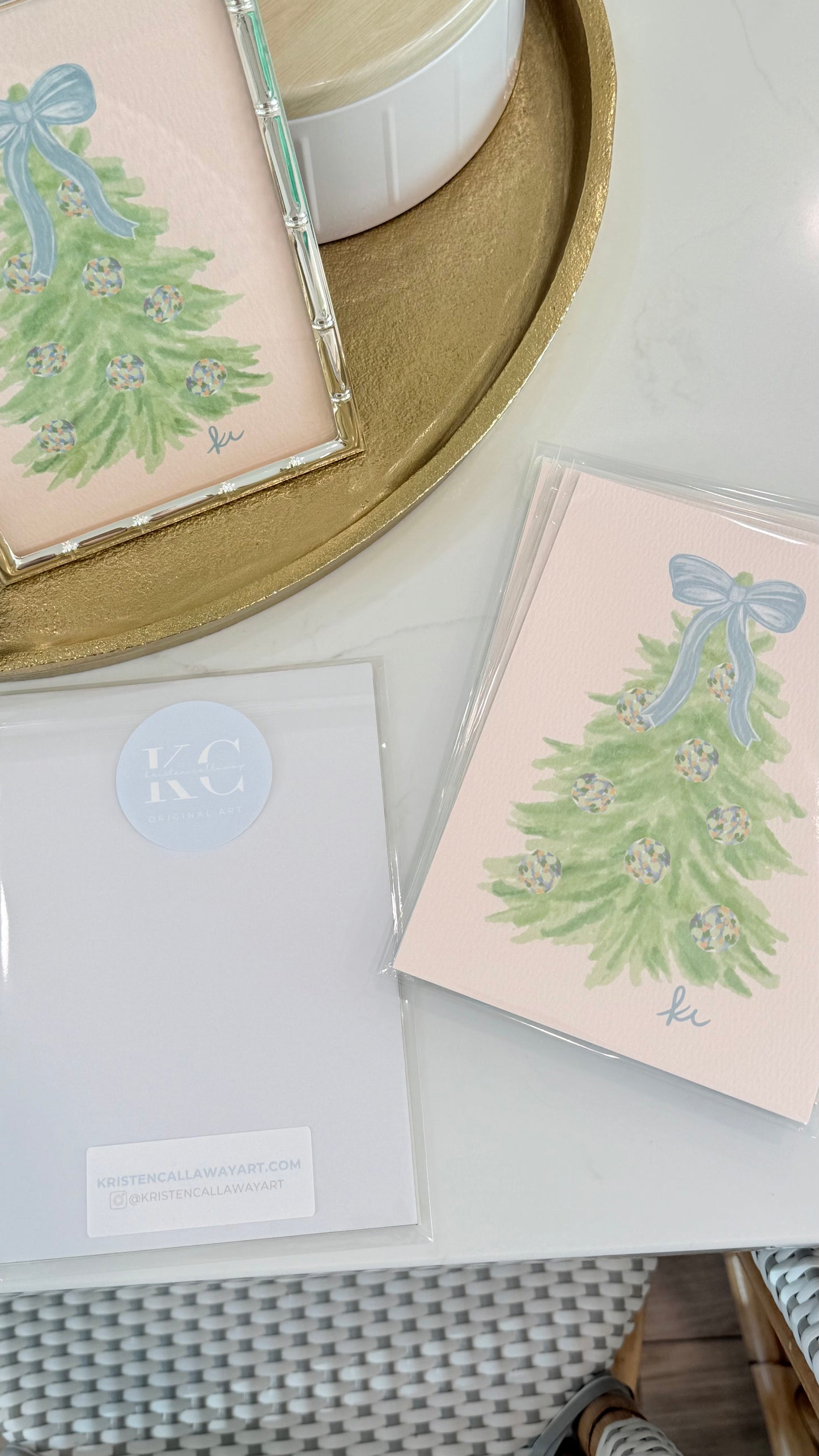 Green Tree with Blue Bow and Pink Background | Print