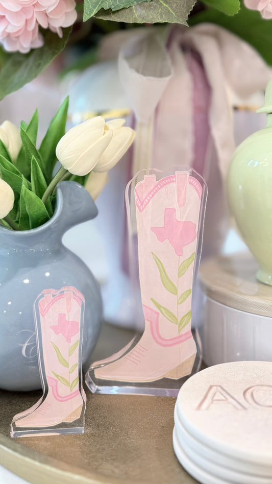 watercolor pink cowboy boot design on acrylic block cut out